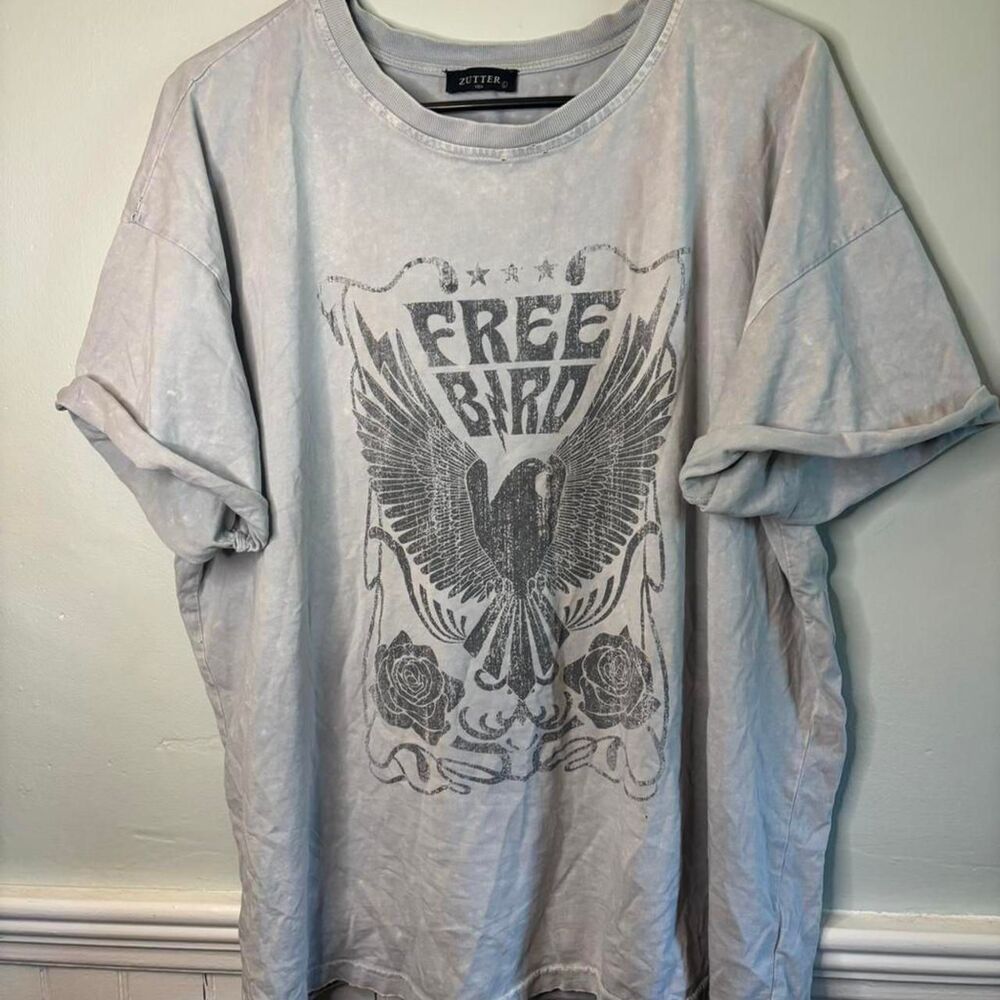 Zutter Free Bird Graphic Tee Gray Acid Wash Oversized Rock Boho NWT